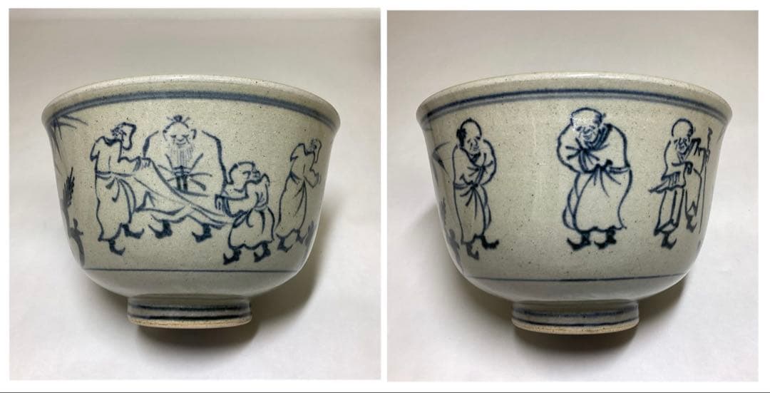 Zeze-yaki Kagerou-en Annan-Style Seven Sages Tea Bowl — Cobalt Blue Chawan