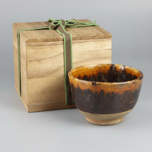 Amber Drip Glaze Matcha Bowl - Seto Mino Style Ame-yu Chawan with Wooden Box