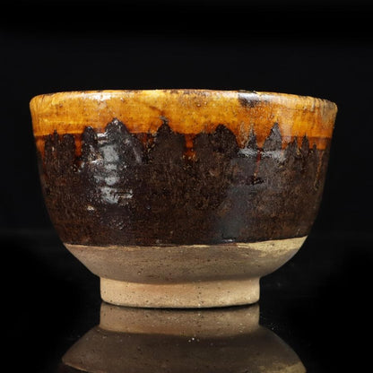 Amber Drip Glaze Matcha Bowl - Seto Mino Style Ame-yu Chawan with Wooden Box