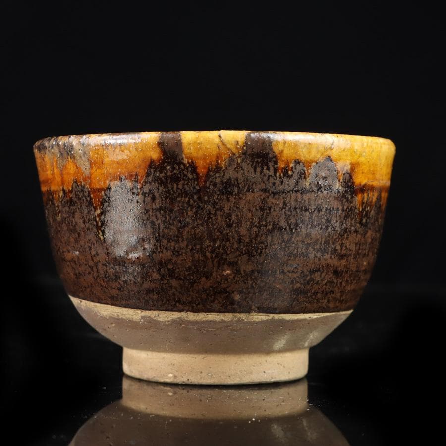 Amber Drip Glaze Matcha Bowl - Seto Mino Style Ame-yu Chawan with Wooden Box