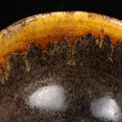Amber Drip Glaze Matcha Bowl - Seto Mino Style Ame-yu Chawan with Wooden Box