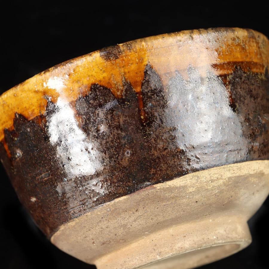 Amber Drip Glaze Matcha Bowl - Seto Mino Style Ame-yu Chawan with Wooden Box