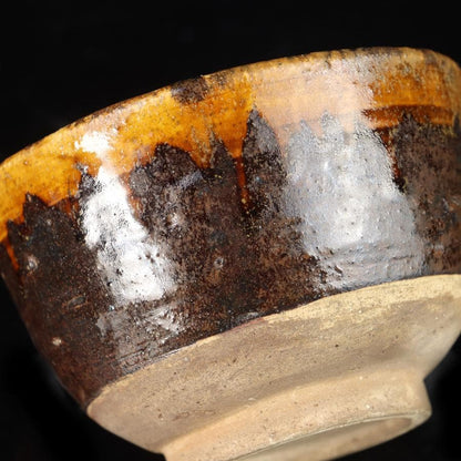 Amber Drip Glaze Matcha Bowl - Seto Mino Style Ame-yu Chawan with Wooden Box