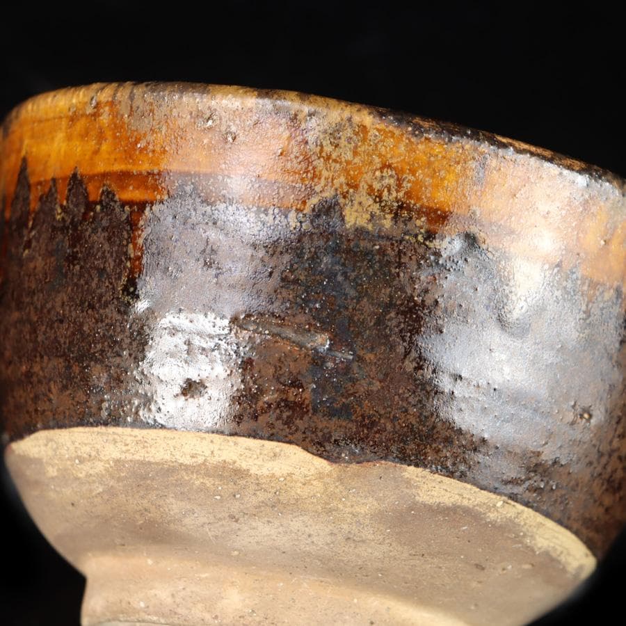 Amber Drip Glaze Matcha Bowl - Seto Mino Style Ame-yu Chawan with Wooden Box