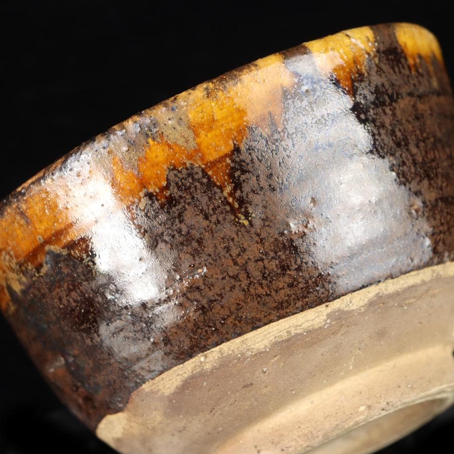 Amber Drip Glaze Matcha Bowl - Seto Mino Style Ame-yu Chawan with Wooden Box