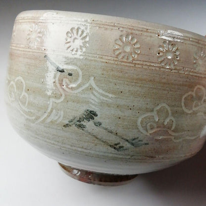 Hagi Ware Unkaku Tea Bowl by Yamazaki Takeo — Crane and Cloud Relief Chawan with Stamped Flowers
