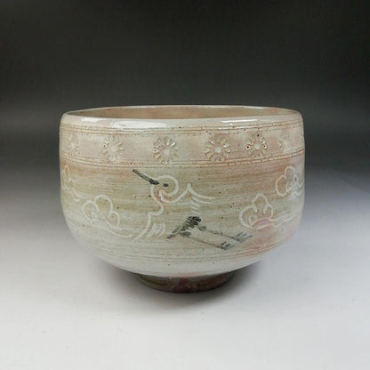 Hagi Ware Unkaku Tea Bowl by Yamazaki Takeo — Crane and Cloud Relief Chawan with Stamped Flowers