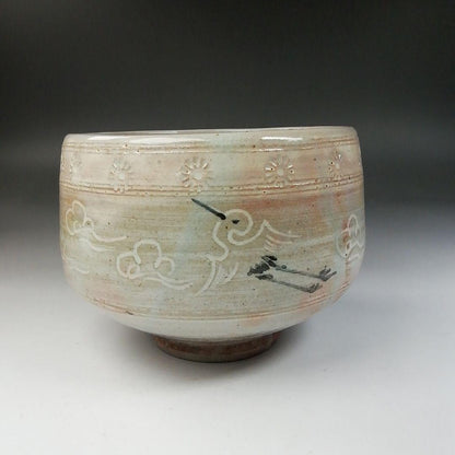Hagi Ware Unkaku Tea Bowl by Yamazaki Takeo — Crane and Cloud Relief Chawan with Stamped Flowers