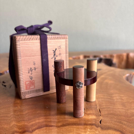 Sho-Chiku-Bai Wood Futaoki Lid Rest by Jouhaku — Pine Bamboo Plum Motif Tea Ceremony Utensil with Signed Box