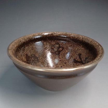 Tenmoku Tea Bowl with Plum Blossom Design - Iron Glaze Japanese Matcha Chawan