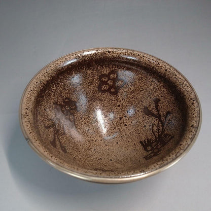 Tenmoku Tea Bowl with Plum Blossom Design - Iron Glaze Japanese Matcha Chawan