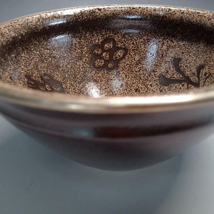 Tenmoku Tea Bowl with Plum Blossom Design - Iron Glaze Japanese Matcha Chawan