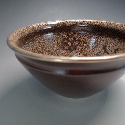 Tenmoku Tea Bowl with Plum Blossom Design - Iron Glaze Japanese Matcha Chawan
