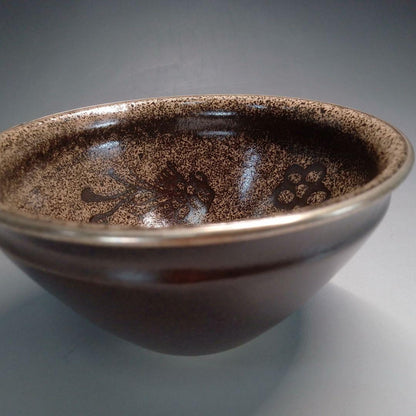 Tenmoku Tea Bowl with Plum Blossom Design - Iron Glaze Japanese Matcha Chawan