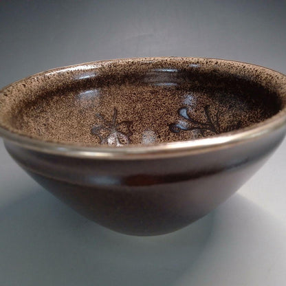 Tenmoku Tea Bowl with Plum Blossom Design - Iron Glaze Japanese Matcha Chawan
