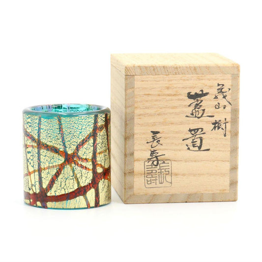 Mizusaki Choju Glass Futa-oki Tea Ceremony Lid Rest Iki Tree Gold Foil