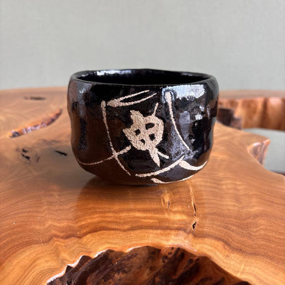 Black Raku Tea Bowl by Shoraku - Carved Floral Kuro-Raku Kyoto Chawan