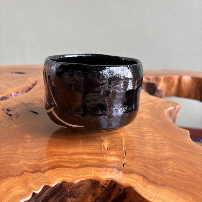Black Raku Tea Bowl by Shoraku - Carved Floral Kuro-Raku Kyoto Chawan