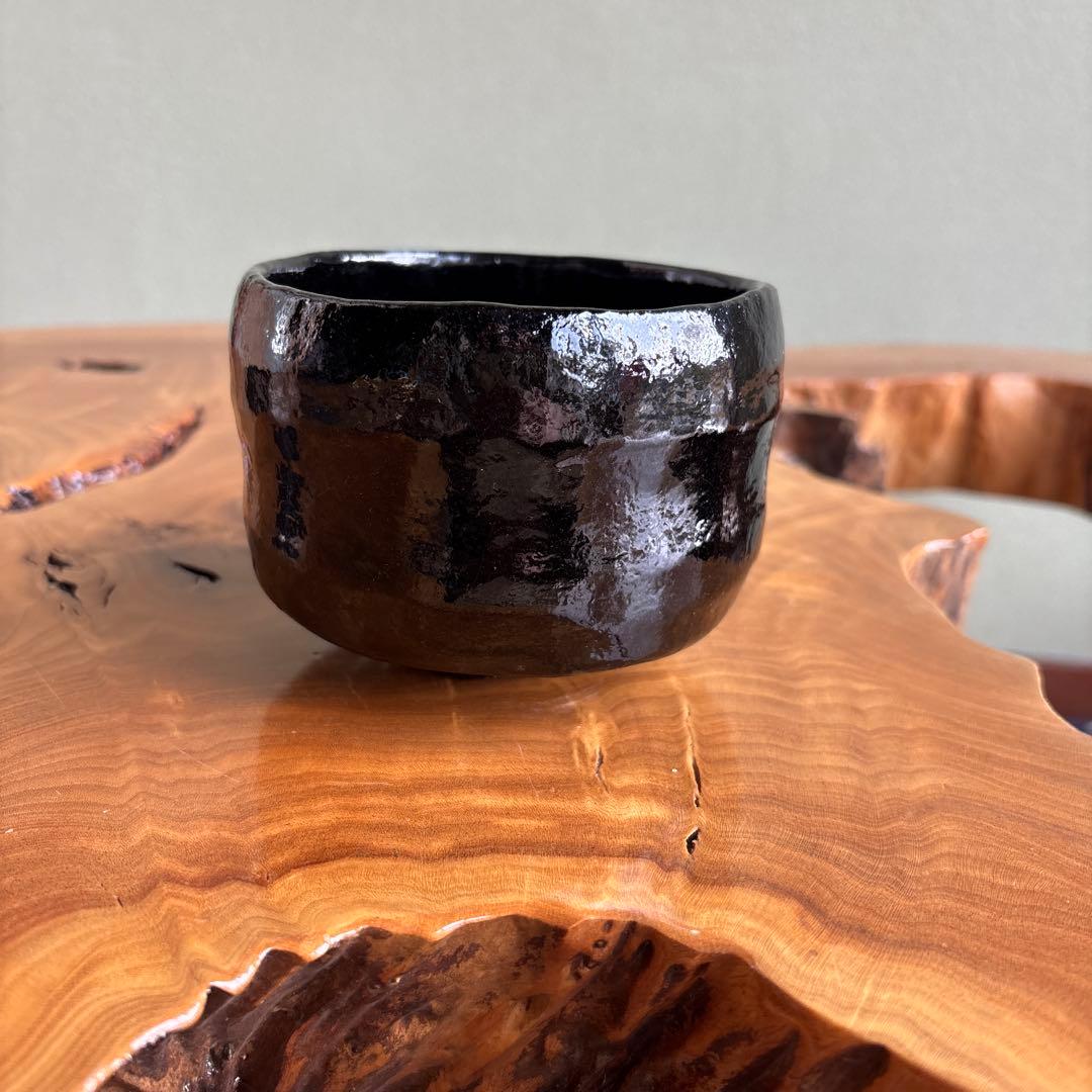 Black Raku Tea Bowl by Shoraku - Carved Floral Kuro-Raku Kyoto Chawan