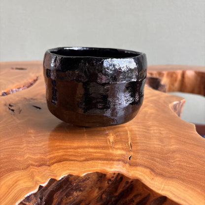 Black Raku Tea Bowl by Shoraku - Carved Floral Kuro-Raku Kyoto Chawan