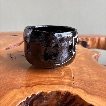 Black Raku Tea Bowl by Shoraku - Carved Floral Kuro-Raku Kyoto Chawan