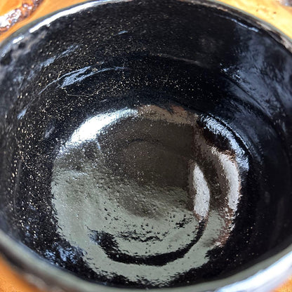 Black Raku Tea Bowl by Shoraku - Carved Floral Kuro-Raku Kyoto Chawan