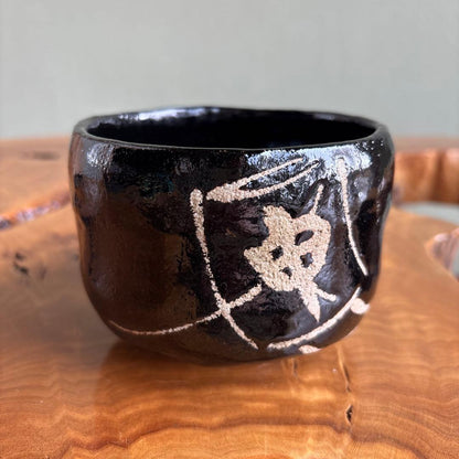 Black Raku Tea Bowl by Shoraku - Carved Floral Kuro-Raku Kyoto Chawan