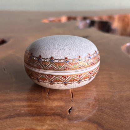 Satsuma Ware Kogo Incense Container | Nishiki Geometric | Ryoko Kiln | Nozaki Kinsei