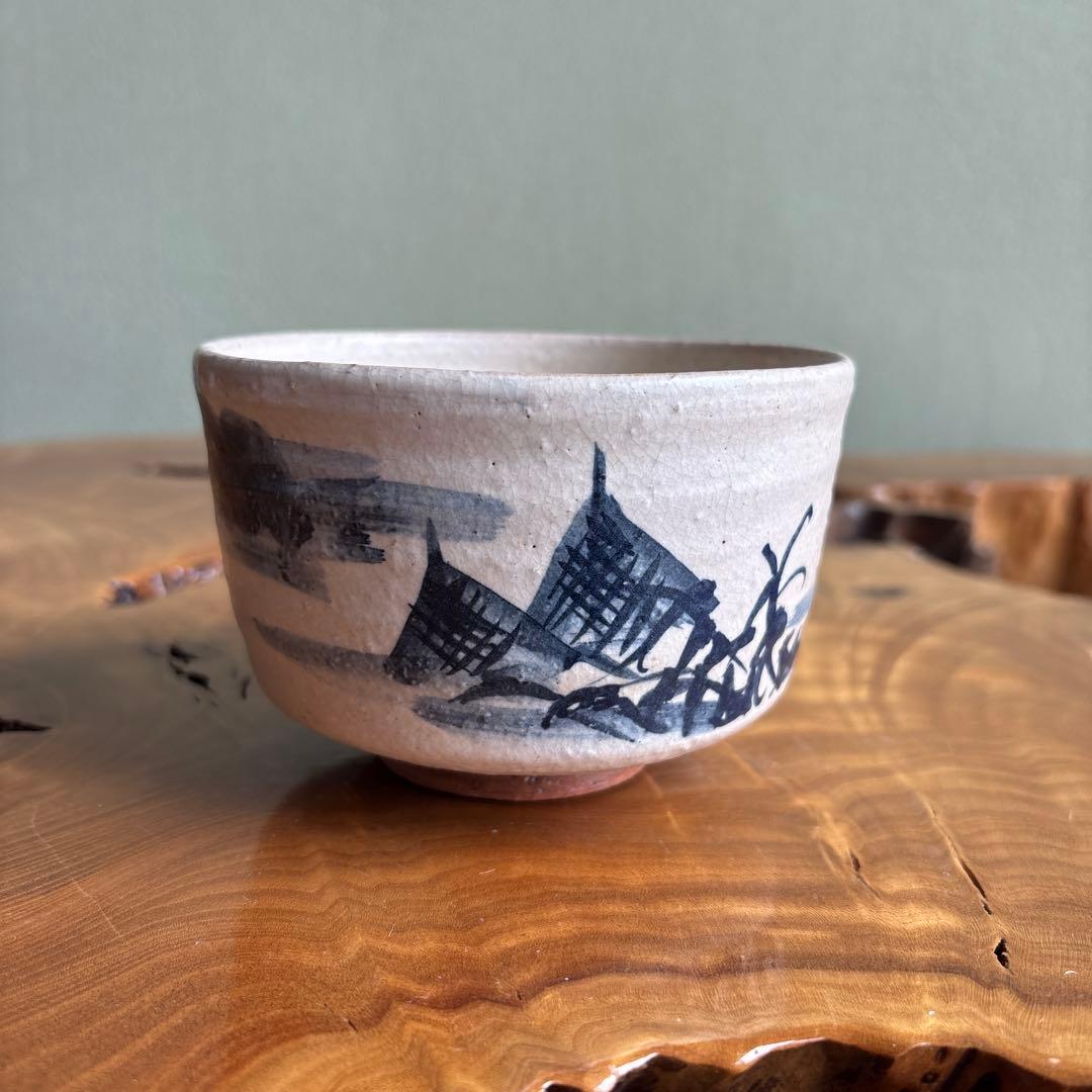 Kyo-yaki Chawan with Sumi-e Landscape by Kisho — Japanese Tea Bowl with Ink-Painted Architecture on White Crackle Glaze