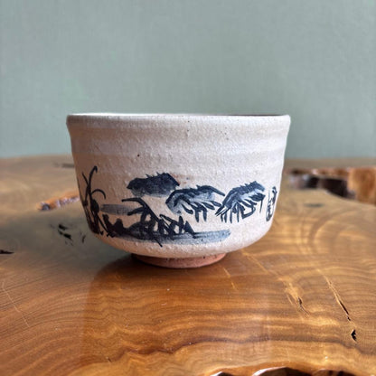 Kyo-yaki Chawan with Sumi-e Landscape by Kisho — Japanese Tea Bowl with Ink-Painted Architecture on White Crackle Glaze
