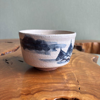 Kyo-yaki Chawan with Sumi-e Landscape by Kisho — Japanese Tea Bowl with Ink-Painted Architecture on White Crackle Glaze