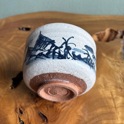 Kyo-yaki Chawan with Sumi-e Landscape by Kisho — Japanese Tea Bowl with Ink-Painted Architecture on White Crackle Glaze