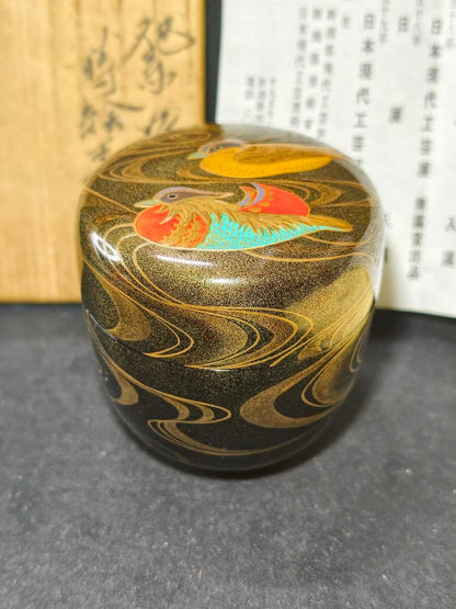 Nashiji Maki-e Mandarin Duck Natsume Tea Caddy by Nakamura Kenji — Japan Contemporary Craft Exhibition Award