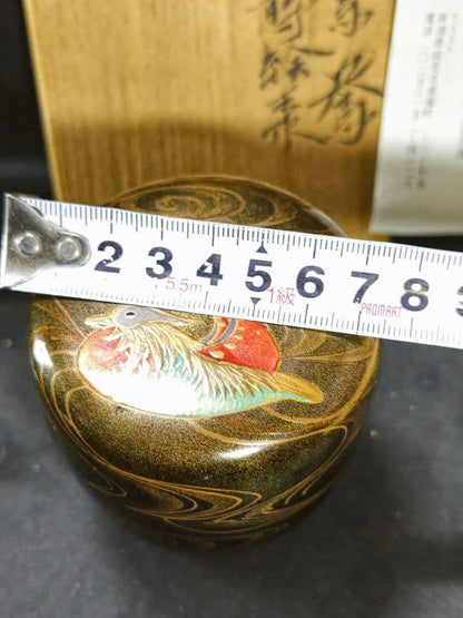 Nashiji Maki-e Mandarin Duck Natsume Tea Caddy by Nakamura Kenji — Japan Contemporary Craft Exhibition Award