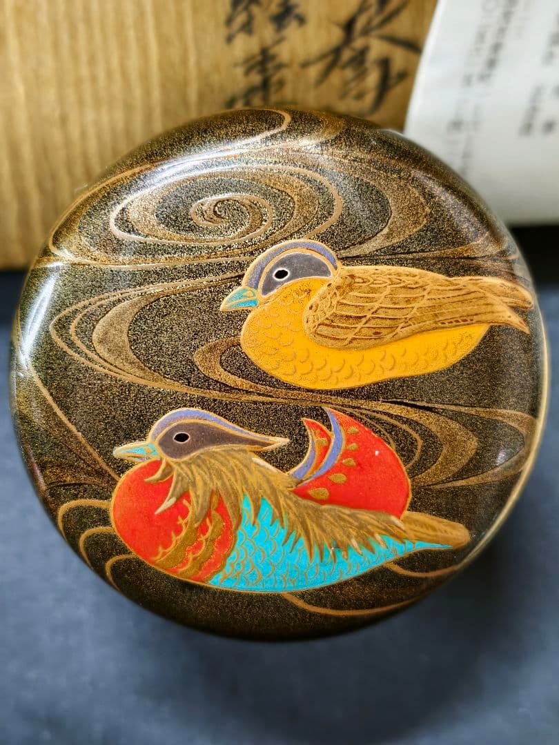 Nashiji Maki-e Mandarin Duck Natsume Tea Caddy by Nakamura Kenji — Japan Contemporary Craft Exhibition Award