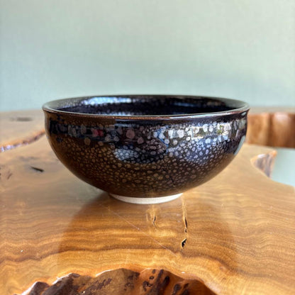 Yuteki Tenmoku Tea Bowl - Japanese Oil Spot Glaze Chawan with Silver Constellation Dots and Signed Box