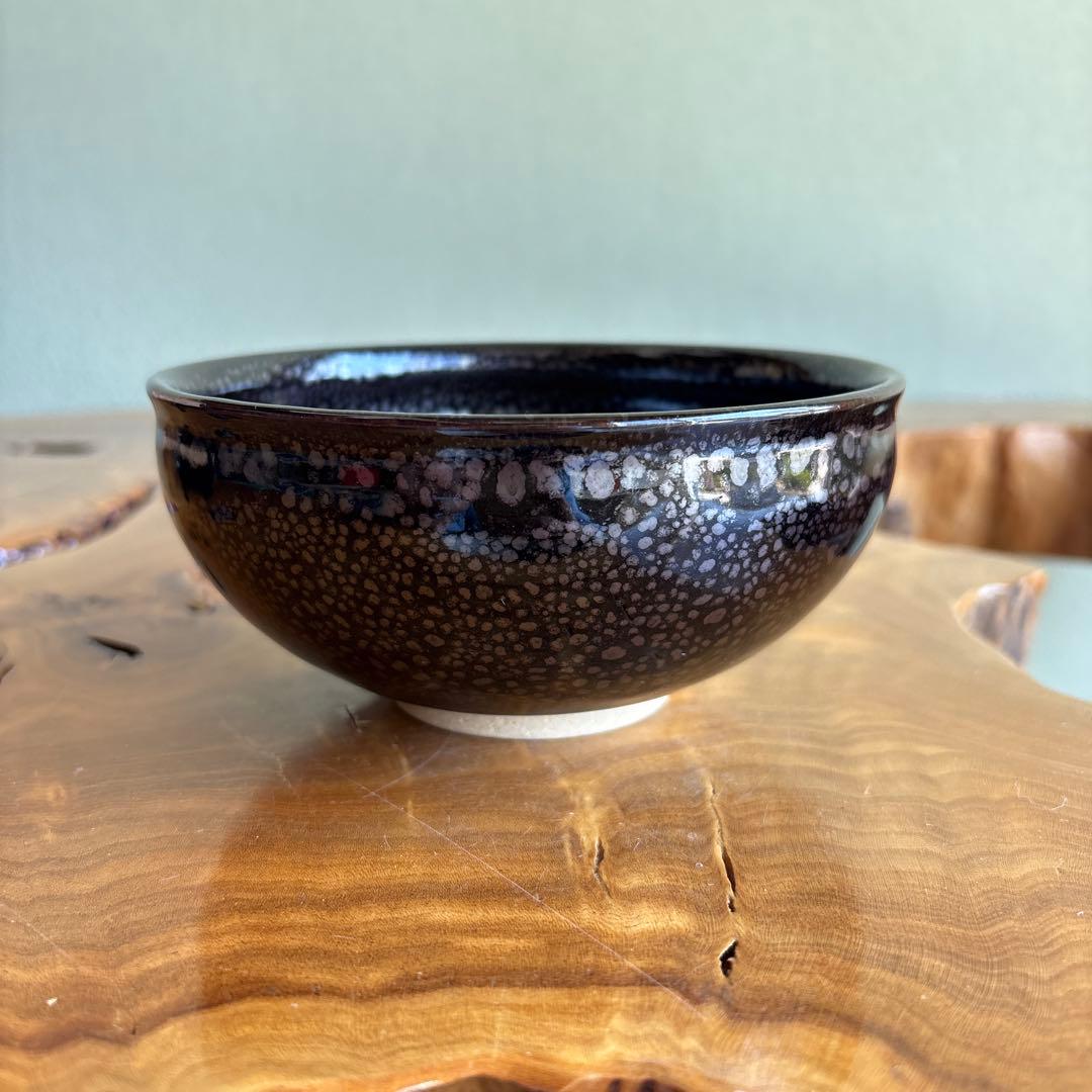 Yuteki Tenmoku Tea Bowl - Japanese Oil Spot Glaze Chawan with Silver Constellation Dots and Signed Box
