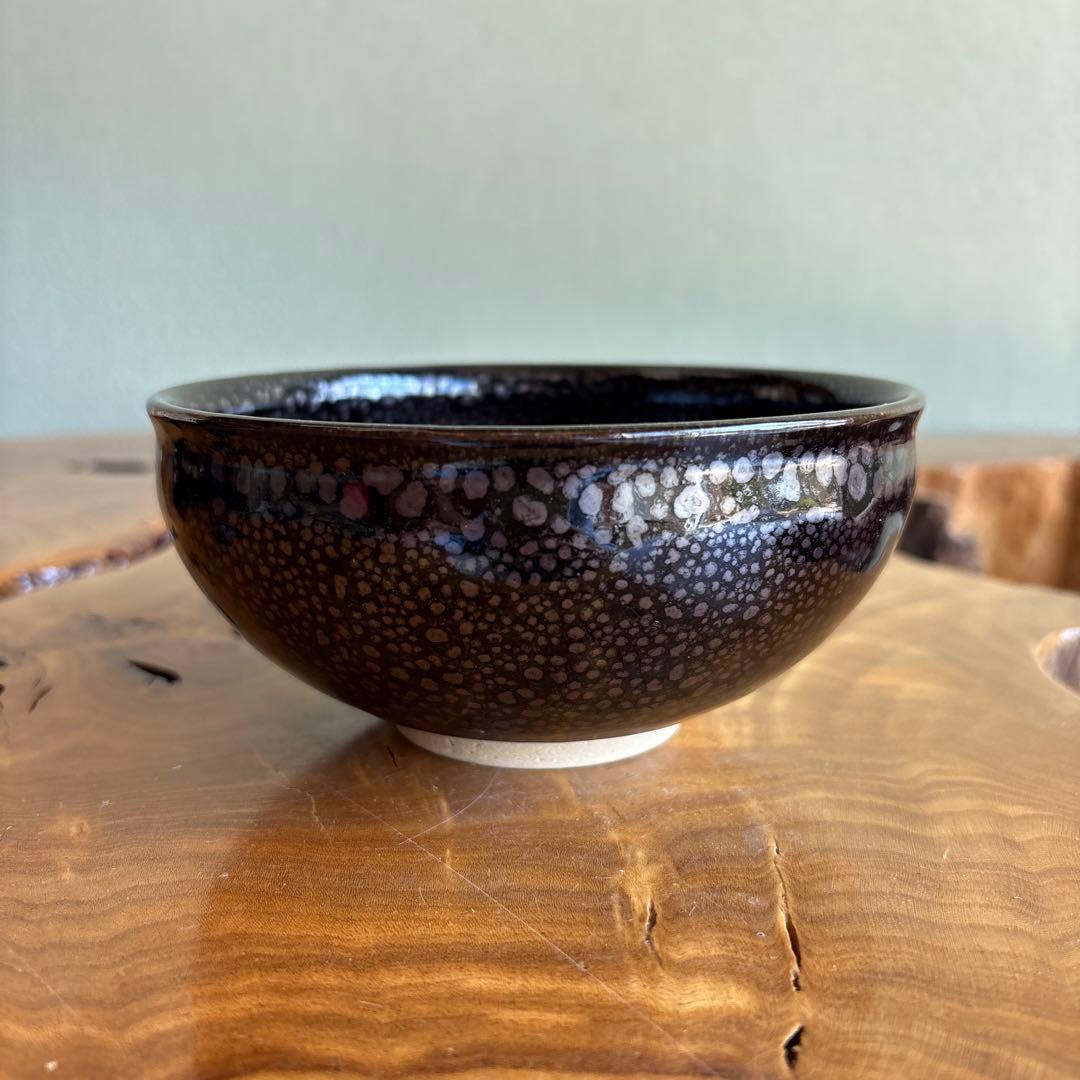 Yuteki Tenmoku Tea Bowl - Japanese Oil Spot Glaze Chawan with Silver Constellation Dots and Signed Box