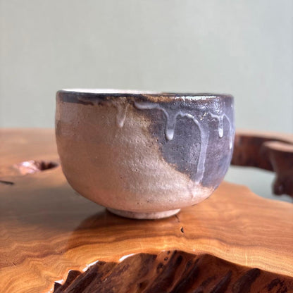 Kohiki Tea Bowl by Santoshi - Dark Ash Cascade Over White Slip Chawan with Box