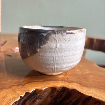 Kohiki Tea Bowl by Santoshi - Dark Ash Cascade Over White Slip Chawan with Box
