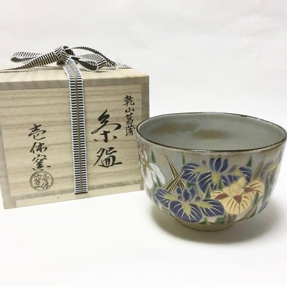 Kenzan-Style Iris Chawan by Ikkyu-gama — Shobu Overglaze Tea Bowl