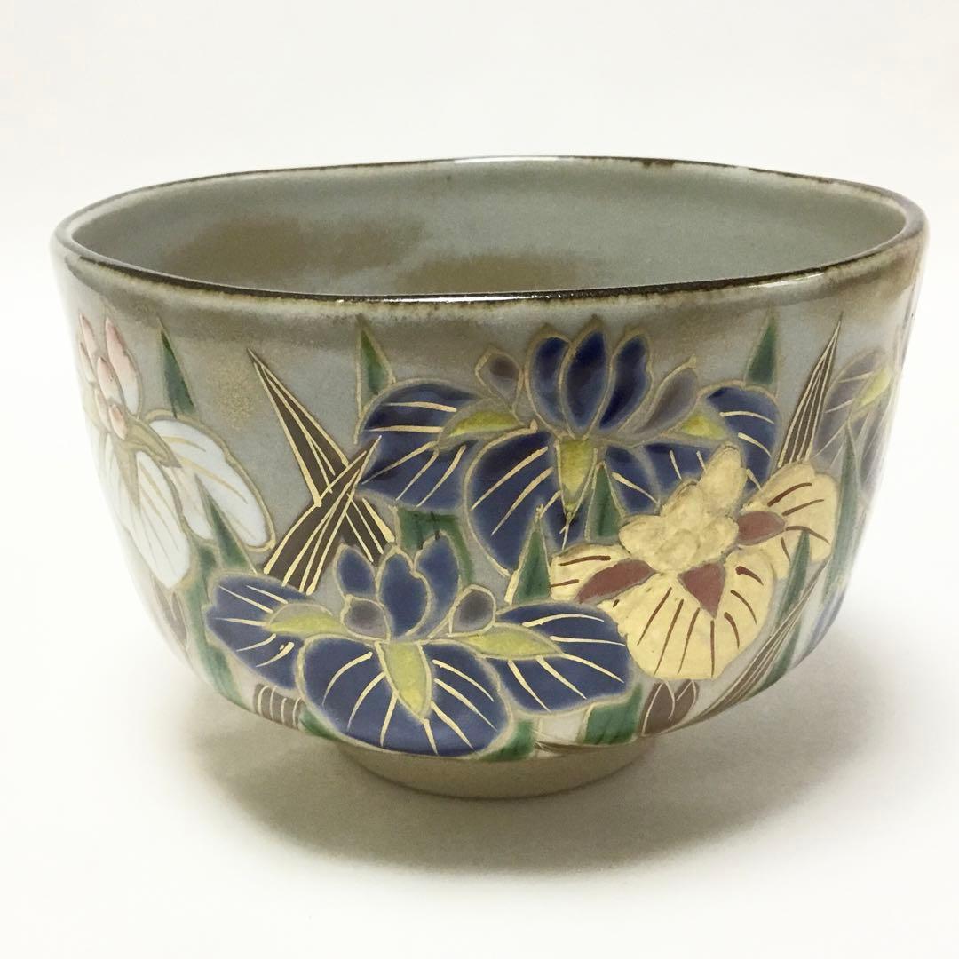 Kenzan-Style Iris Chawan by Ikkyu-gama — Shobu Overglaze Tea Bowl