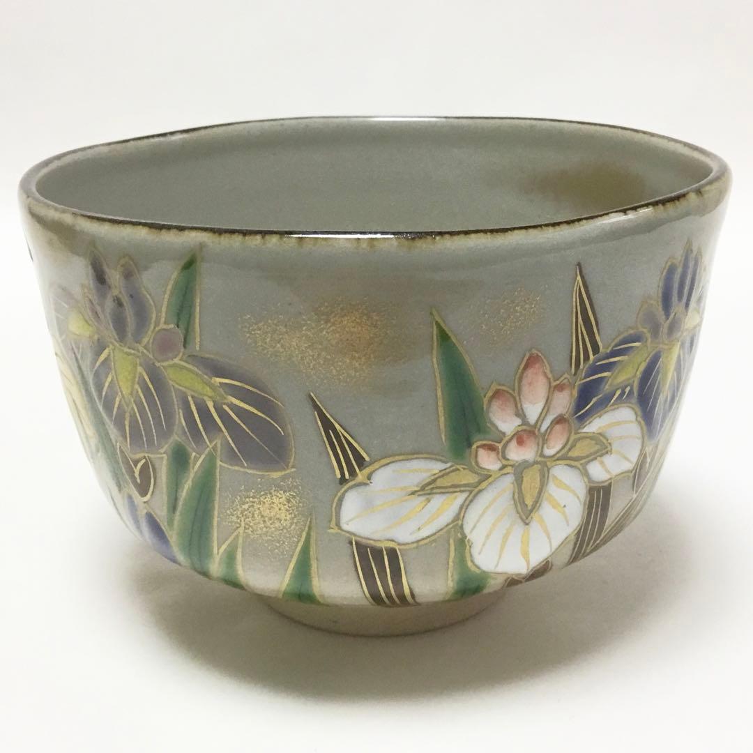 Kenzan-Style Iris Chawan by Ikkyu-gama — Shobu Overglaze Tea Bowl