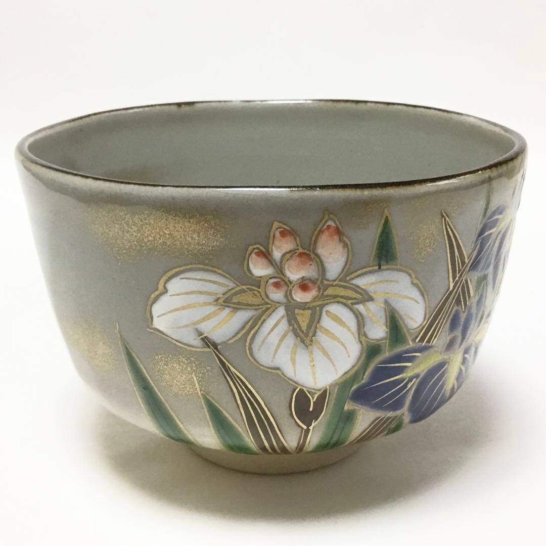 Kenzan-Style Iris Chawan by Ikkyu-gama — Shobu Overglaze Tea Bowl