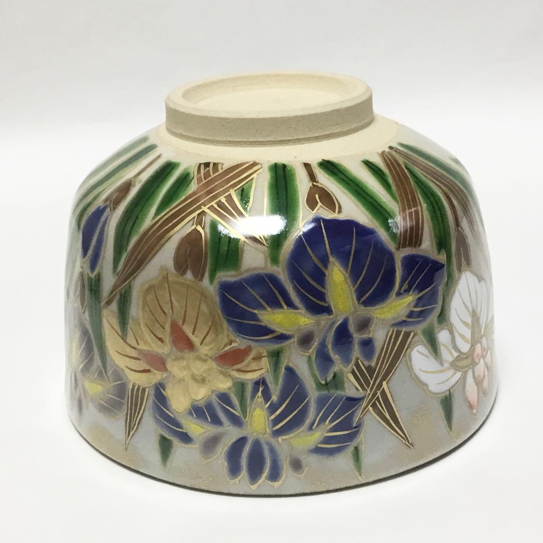 Kenzan-Style Iris Chawan by Ikkyu-gama — Shobu Overglaze Tea Bowl