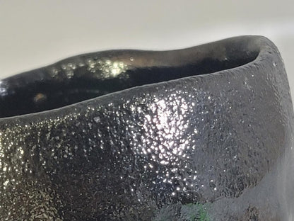 Shoraku Black Raku Matcha Bowl — Granular Texture, Irregular Rim, Kyoto, Signed Wood Box