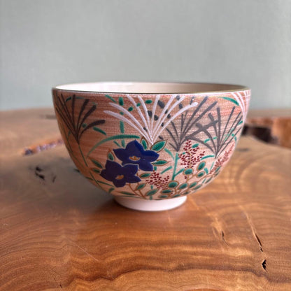 Kyogyo Kiln Soei Autumn Grass Matcha Bowl — Kyo-yaki Ironweed Bellflower Chawan, Signed Box
