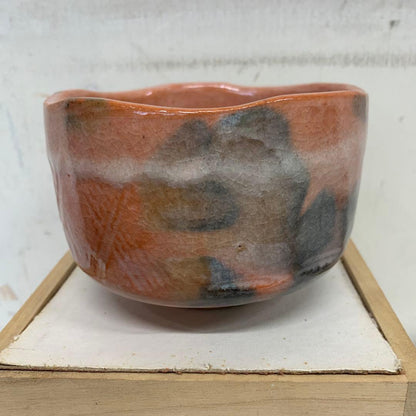 Aka-Raku Matcha Tea Bowl with Signed Tomobako | Japanese Chawan Sakura Wave Rim Keshiki Orange Glaze