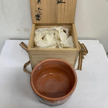 Aka-Raku Matcha Tea Bowl with Signed Tomobako | Japanese Chawan Sakura Wave Rim Keshiki Orange Glaze