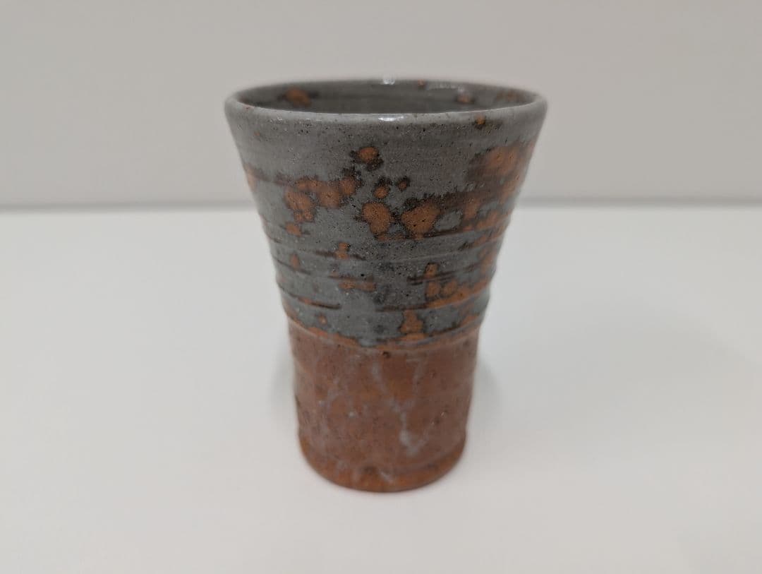 Totoya-de Sake Cup by Nawa Hosho — Karatsu-Style Iron Clay with Mottled Gray Glaze, Signed Box